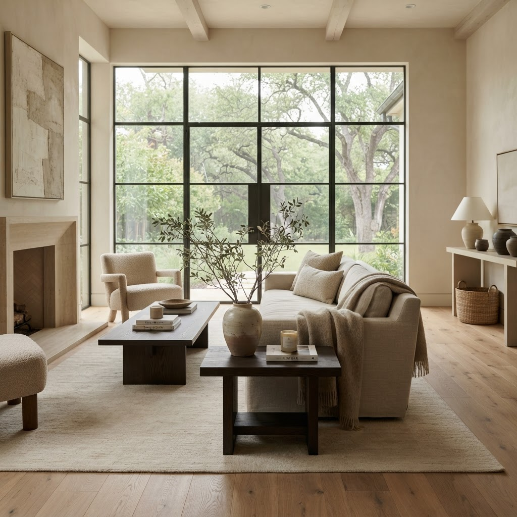 A serene, perfectly prepared luxury living space bathed in soft natural light