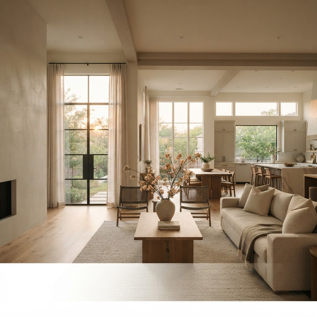 A serene, freshly prepared upscale Austin home interior at golden hour